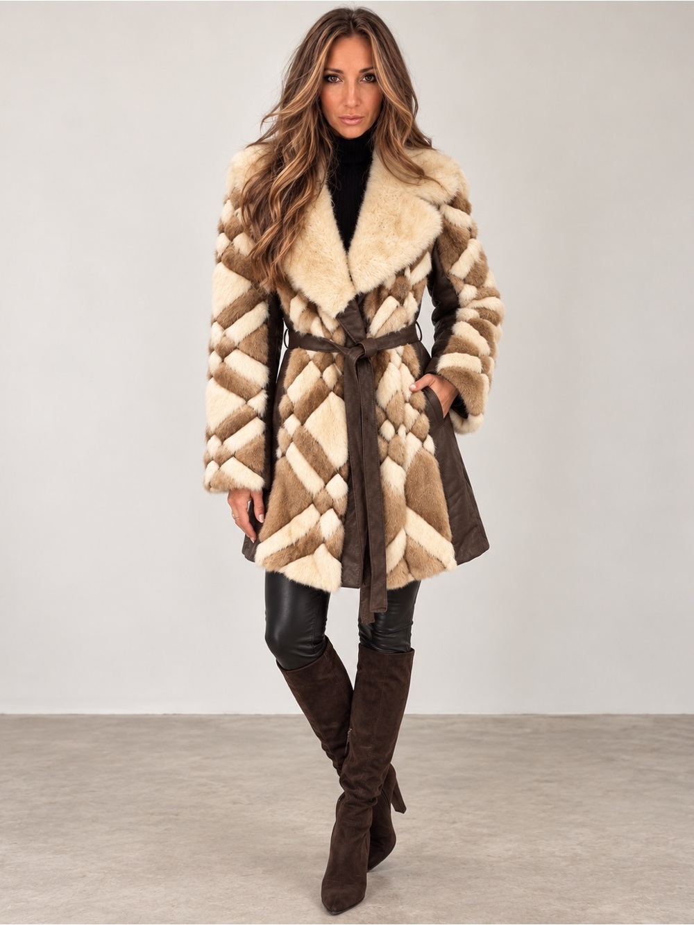 Vintage The Style Shop Genuine Fur & Leather Patchwork Belted Coat 70s